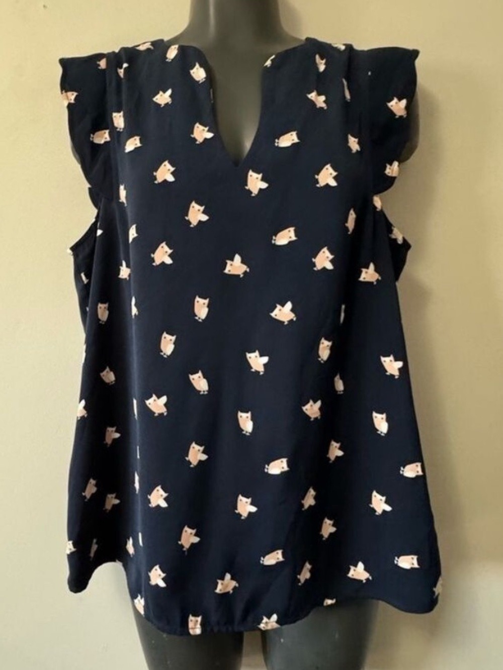 41 Hawthorn Flutter Sleeve V neck Navy Blouse with Owl Pattern Medium